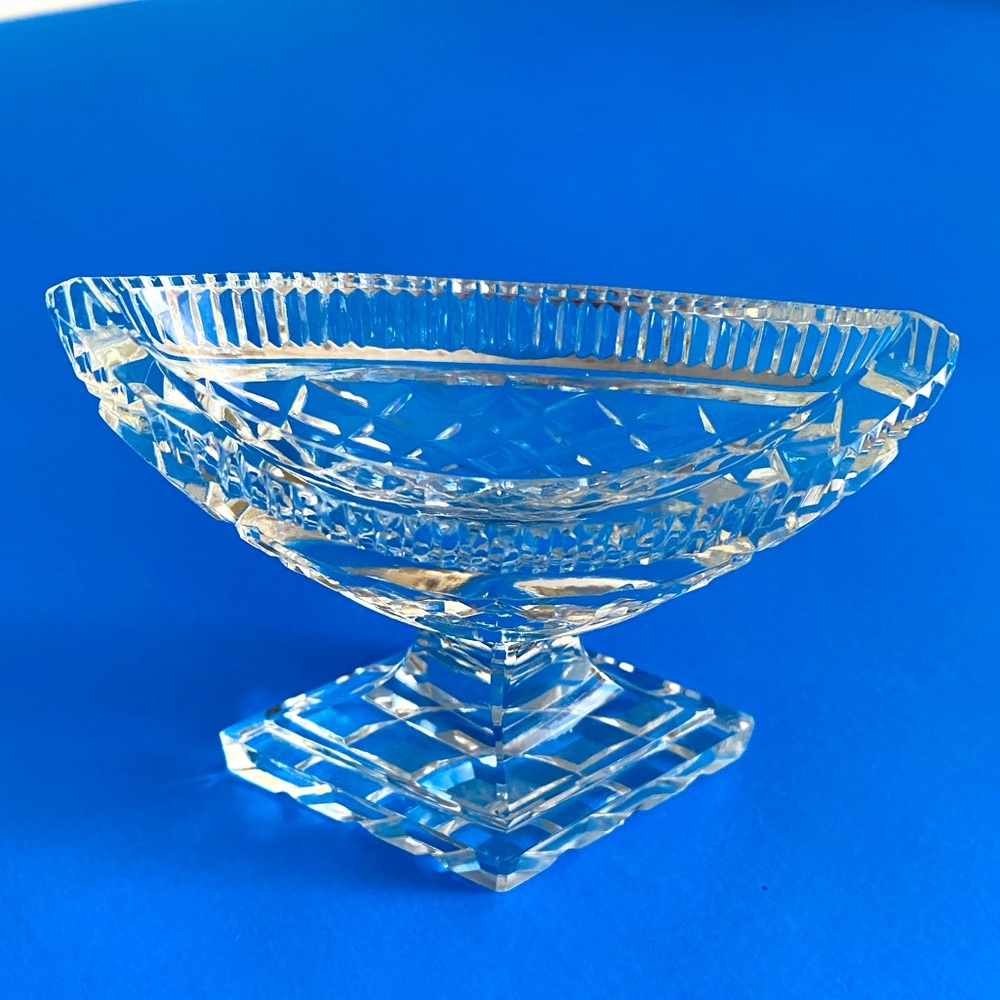 Antique Glass/Crystal Salt Cellar Boat Diamond Shape Pedestal Crisscross Cut
